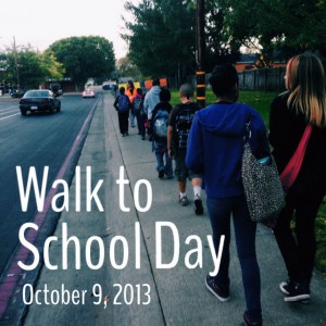 Students walk to Thomas Edison Language Institute in a walking school bus.